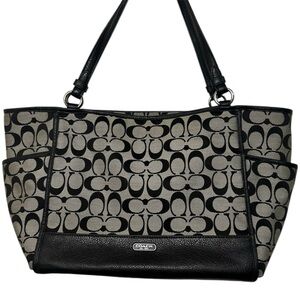 Coach Black & White Park Signature Carrie Leather Trim Tote Shoulder Bag